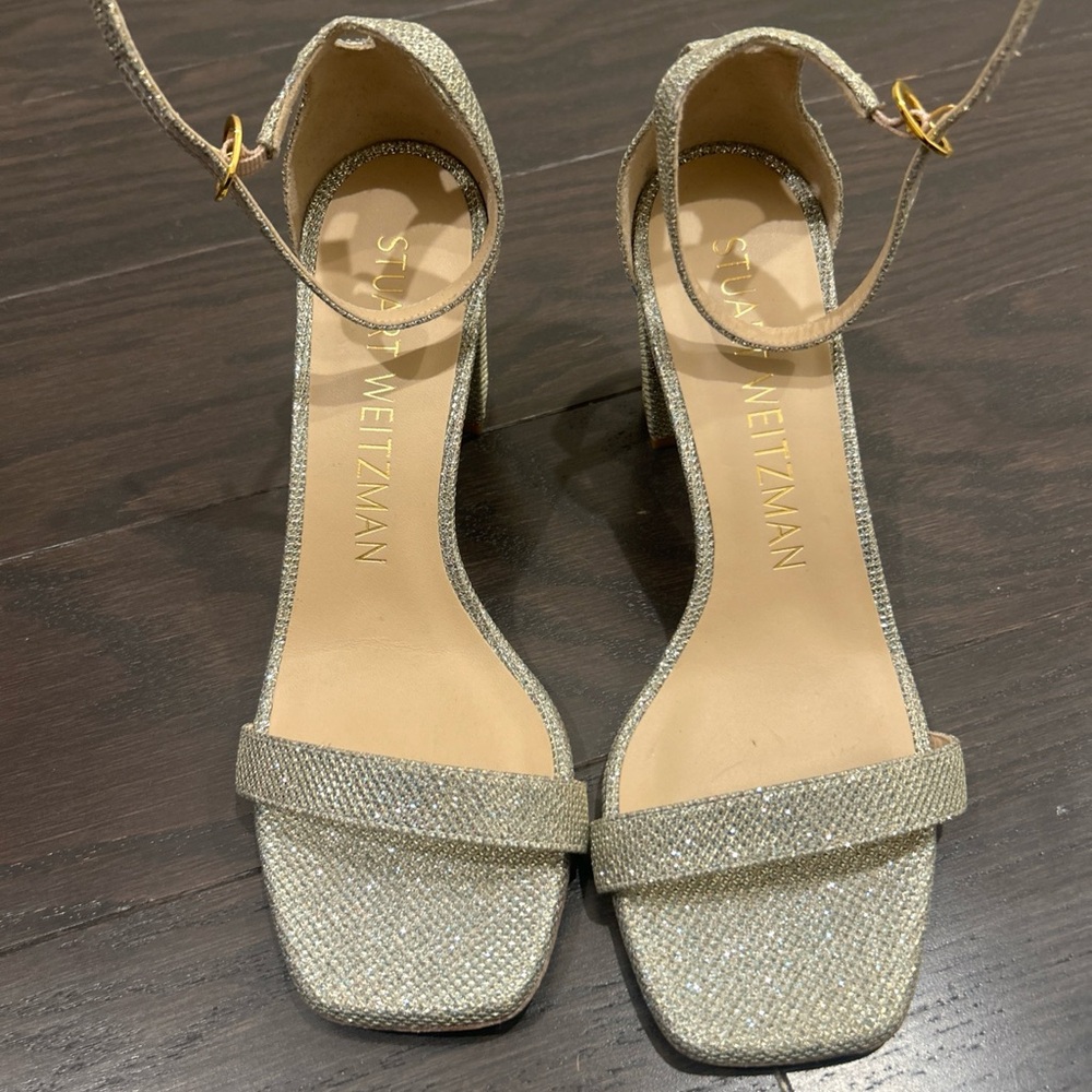 Stuart Weitzman Nearlynude Strap Heels Sandals Sz 7.5 Silver Block Glitter $495